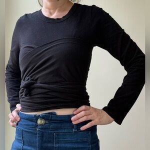 THE LINE BY K Wayne Top Long Sleeve Wrap Tie Black Stretch Fall Comfy Neutral XS